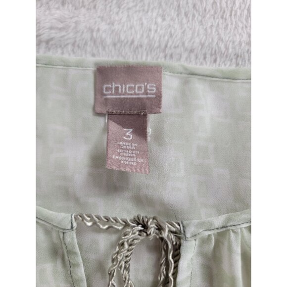 Chico's Women Sheer Sage Green Geometric Tunic Blouse Size 3 Tie-Neck 3/4 Sleeve - Picture 3 of 6